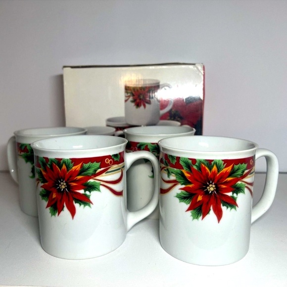 canadian Other - Set of 4 Christmas Poinsettia Holiday Coffee Tea Cups Mugs Fine Porcelain China